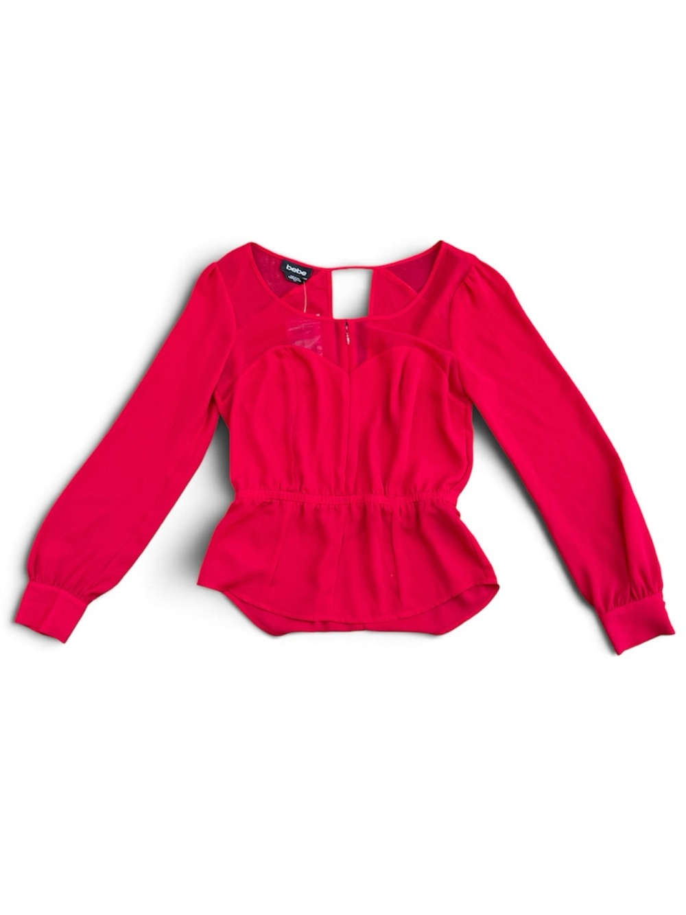 BEBE | Women’s Zip Thru Chiffon Yoke Peplum Blouse  in Candy Apple Red